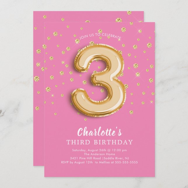 Foil Balloon Floral 3RD Birthday Invitation (Front/Back)