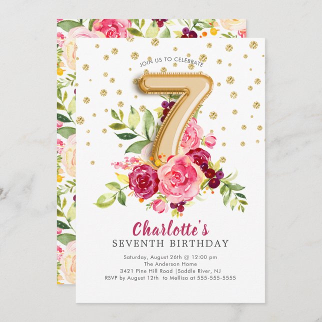 Foil Balloon Floral 7TH Birthday Invitation (Front/Back)