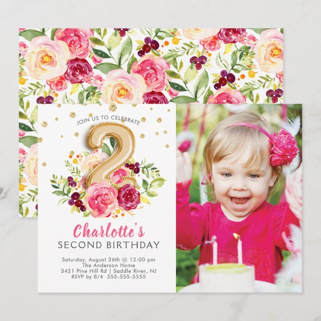 Foil Balloon Photo 2ND Birthday Invitation (Front/Back)