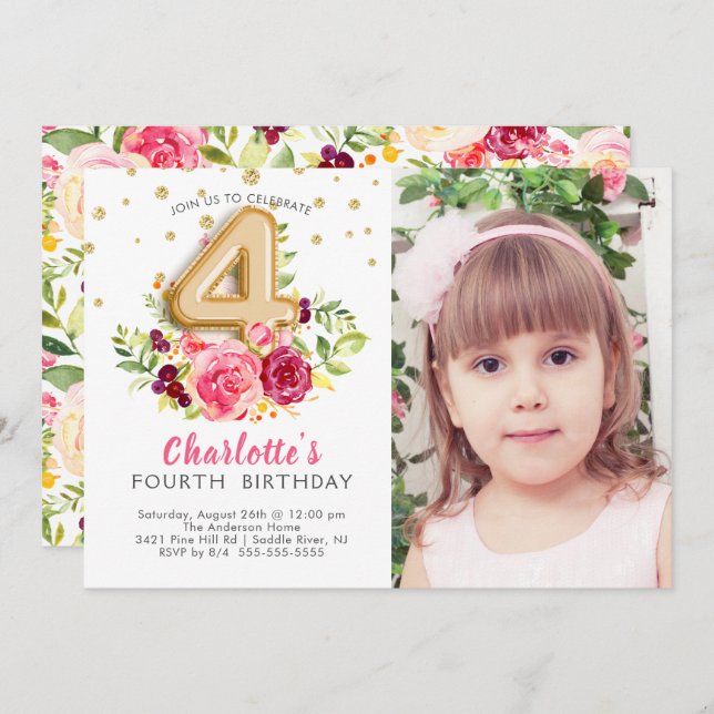 Foil Balloon Photo FOURTH Birthday Invitation (Front/Back)