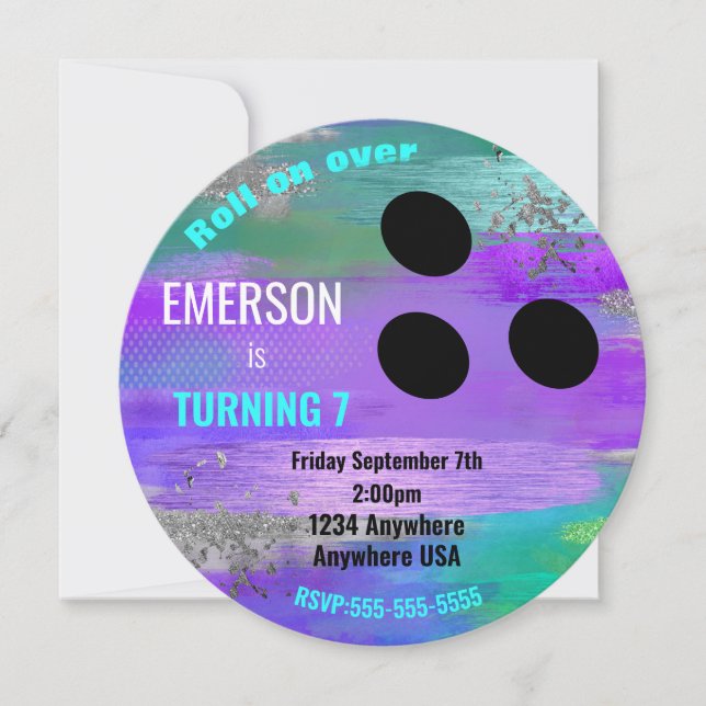 FOIL BOWLING BALL, bowling, Glow birthday glitter Invitation (Front)