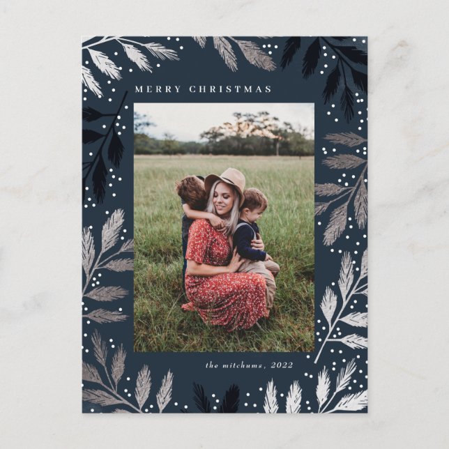 Foil Branches Merry Christmas Photo Frame Holiday Postcard (Front)