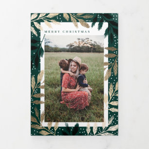 Foil Branches Merry Christmas Photo Frame Tri-Fold Holiday Card