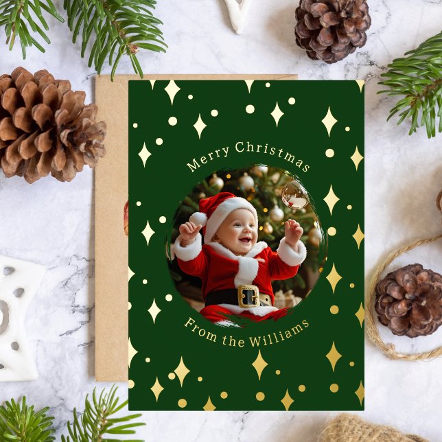 Foil First Christmas Card Two Photos Baby Green (Creator Uploaded)