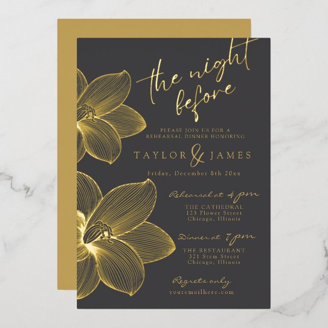 Foil Flower Winter Rehearsal Dinner Invitation (Front/Back)