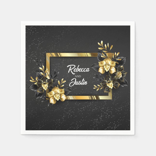 Foil Gold Black Orchids Modern Boho Napkin (Front)