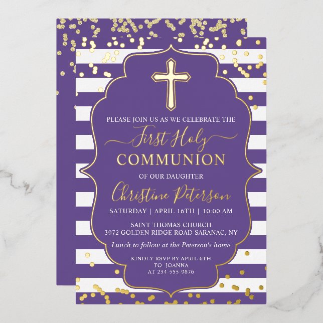 Foil Gold Lavender Purple Stripes First Communion (Front/Back)