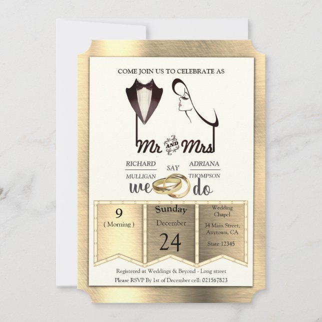 Foil-Gold-Silver-Brass Trendy Wedding Invitation (Front)