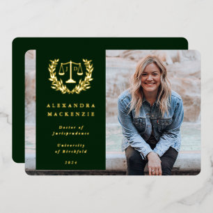 Foil/Green JD Law Scales Graduation Announcement