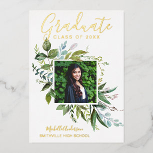 Foil Greenery Gold Photo Graduation Announcement
