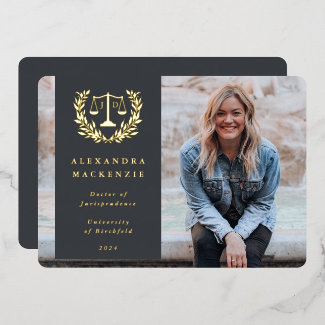 Foil/Grey JD Law Scales Graduation Announcement (Front/Back)