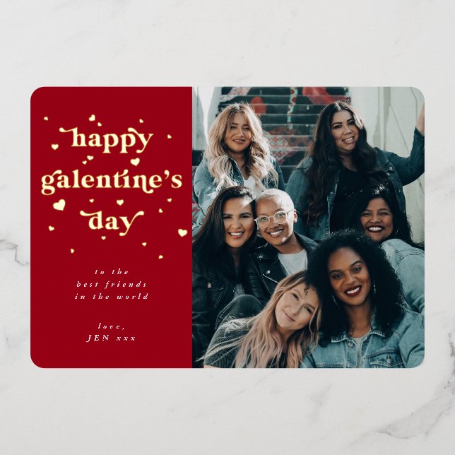 Foil Happy Galentine's Day + Hearts Photo Card (Front)