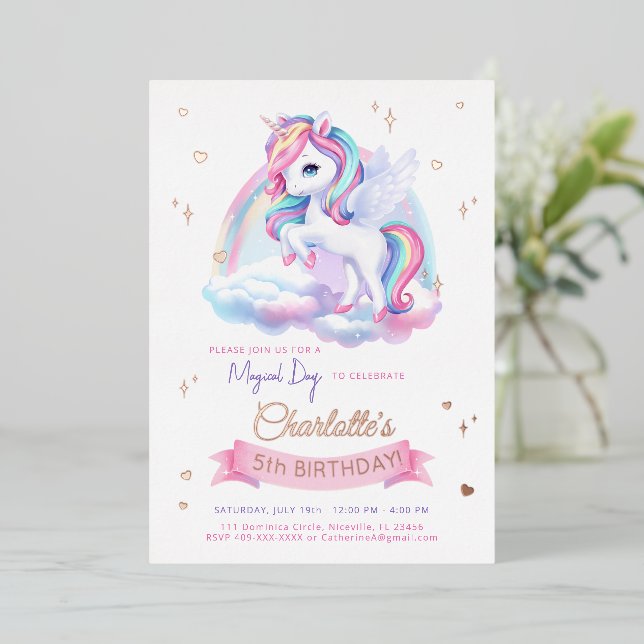 Foil Invitation Unicorn Birthday. (Standing Front)