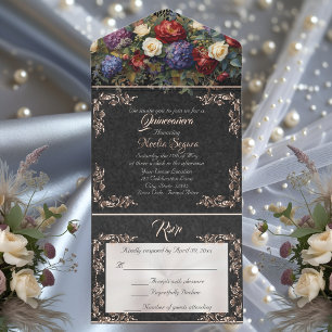 Foil Leaf Frame Quinceanera - Black/Floral Bouquet All In One Invitation