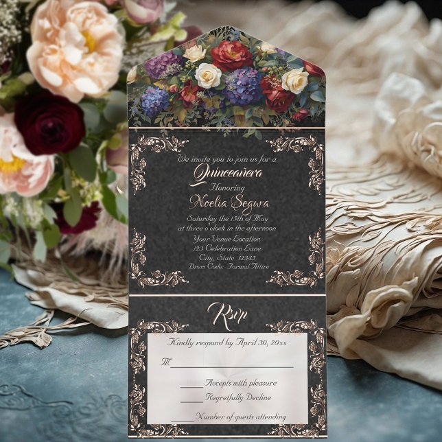 Foil Leaf Frame Quinceanera - Black/Floral Bouquet All In One Invitation (Creator Uploaded)