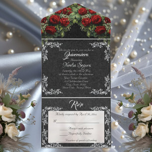 Foil Leaf Frame Quinceanera - Black/Rose Bouquet All In One Invitation