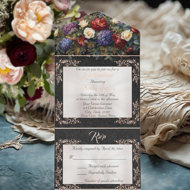 Foil Leaf Frame Quinceanera - Pearl/Floral Bouquet All In One Invitation (Creator Uploaded)