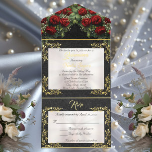 Foil Leaf Frame Quinceanera - Pearl/Rose Bouquet All In One Invitation
