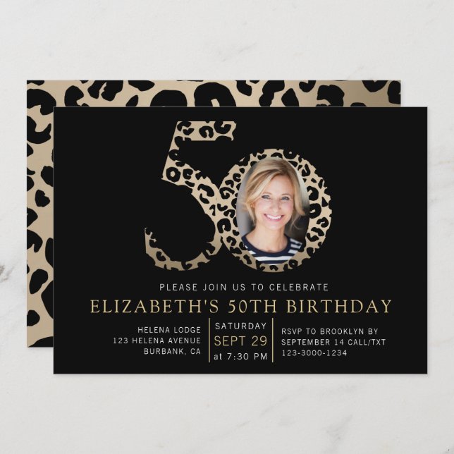 Foil Leopard Print Photo 50th Birthday Invitation (Front/Back)