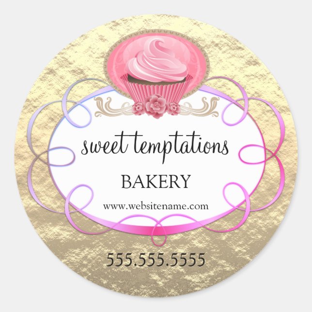 Foil Look Elegant Pink Cupcake Bakery Packaging Classic Round Sticker (Front)