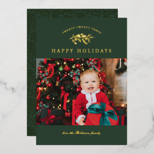 Foil Luxe Dark Green Pine Bough Photo Holiday Card