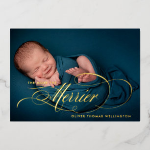Foil Merrier Christmas Photo Birth Announcement