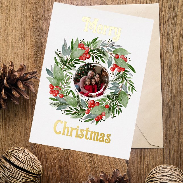 Foil Merry Christmas Card Photo in Wreath Gold  (Creator Uploaded)
