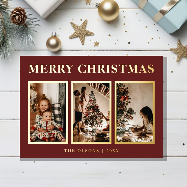 FOIL Minimalist Classic Christmas Red Three Photo (Creator Uploaded)