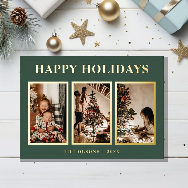 FOIL Minimalist Classic Holidays Green Three Photo (Creator Uploaded)