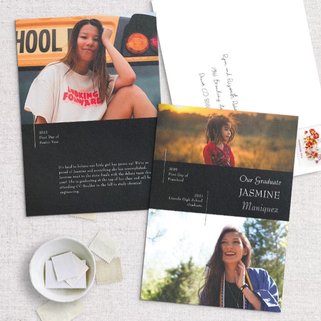 Foil Modern Black Then/Now Graduation Announcement (Creator Uploaded)