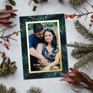 Foil Modern Pine Frame Christmas Photo Card