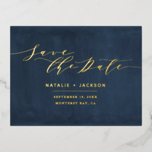 Foil Navy blue white elegant wedding save the date Holiday Postcard
