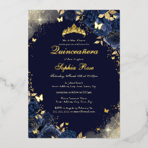 Foil Navy Gold Butterfly Floral Quinceanera