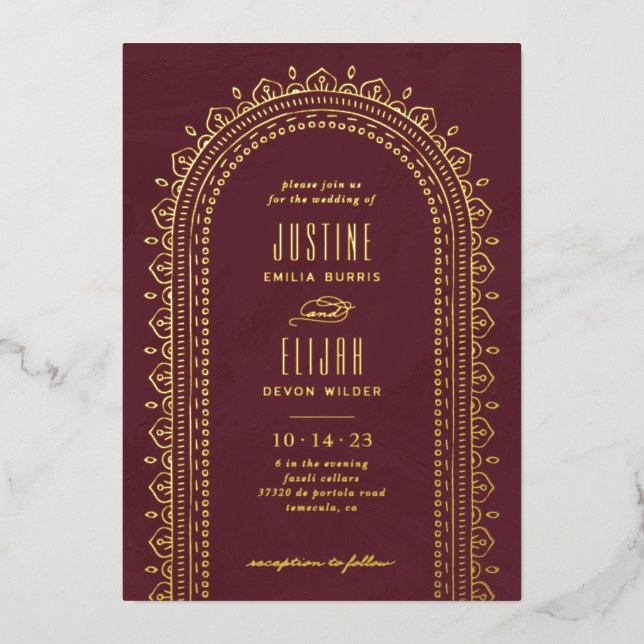 Foil Ornate Arch Wedding Invitation - Maroon (Front)
