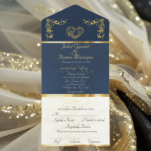 Foil Ornate Frame & Heart - Blue All In One Invitation