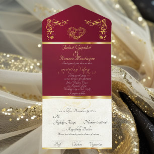 Foil Ornate Frame & Heart - Burgundy All In One Invitation