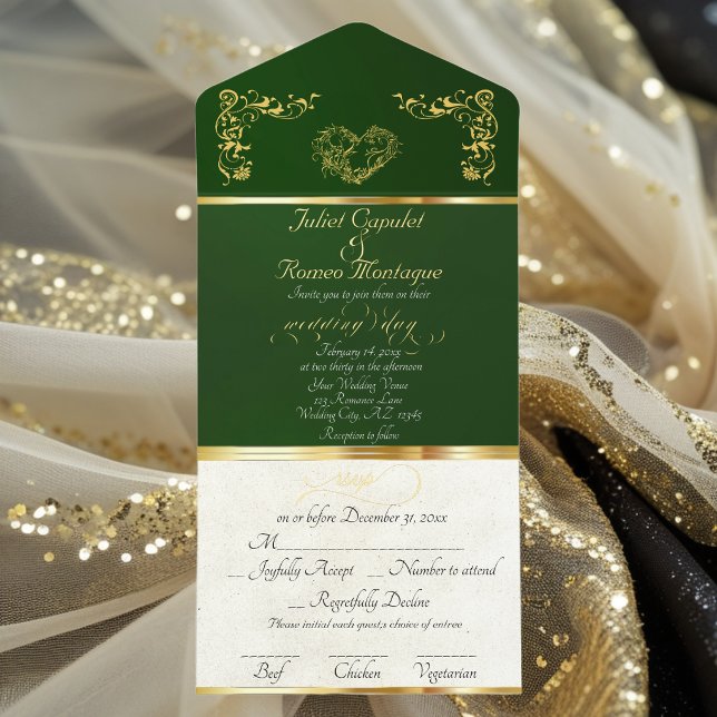 Foil Ornate Frame & Heart - Emerald All In One Invitation (Creator Uploaded)