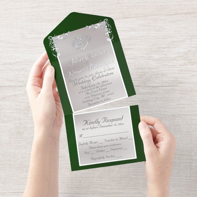 Foil Ornate Frame & Heart - Emerald All In One Invitation (Tearaway)