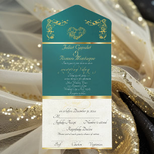 Foil Ornate Frame & Heart - Teal All In One Invitation