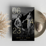 Foil Overlay Black & White Save the Date Card<br><div class="desc">A simple and elegant save the date design for modern couples,  featuring a vertical photo in black and white. Your wedding date is overlaid in stunning gold foil,  with your names and wedding location at the bottom. Add additional details to the back.</div>