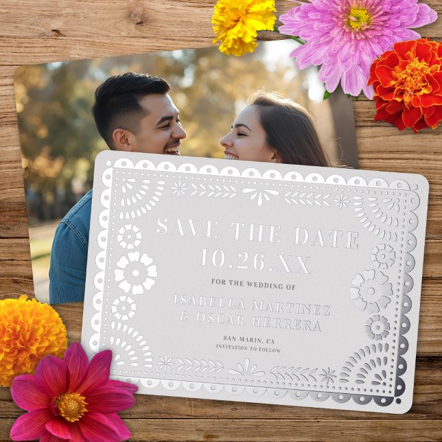Foil Papel Picado Photo Wedding Save The Date Card (Creator Uploaded)