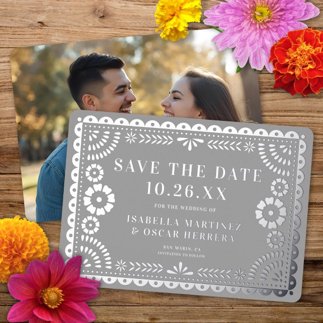 Foil Papel Picado Photo Wedding Save The Date Card (Creator Uploaded)