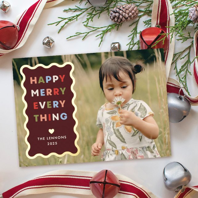 Foil Red Happy Merry Wavy Christmas Photo Card (Creator Uploaded)
