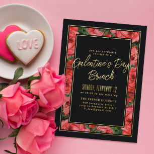 Foil Rose Frame Galentine's Day Invitation - Black