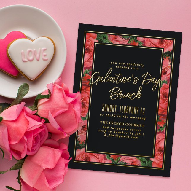 Foil Rose Frame Galentine's Day Invitation - Black (Creator Uploaded)