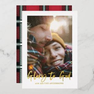 foil script glory to god red tartan photo