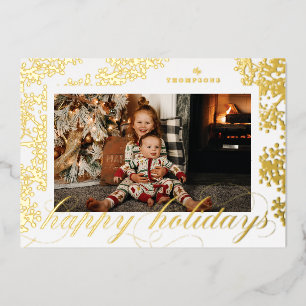 Foil Script Happy Holidays Foliage Photo Card