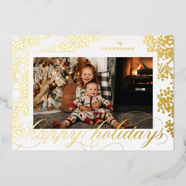 Foil Script Happy Holidays Foliage Photo Card (Front)