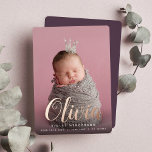 Foil Script Name Vertical Photo Birth Announcement<br><div class="desc">Let baby's name take centre stage with these elegant birth announcements, featuring a vertical photo with baby's first name overlaid in rose gold foil calligraphy script lettering. Personalise with baby's middle and last name and birth stats beneath, and add an additional photo to the back, along with a personal message....</div>