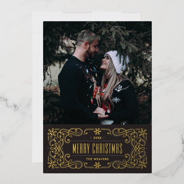 Foil Snowflake Flourish Frame Card - Black (Envelope)